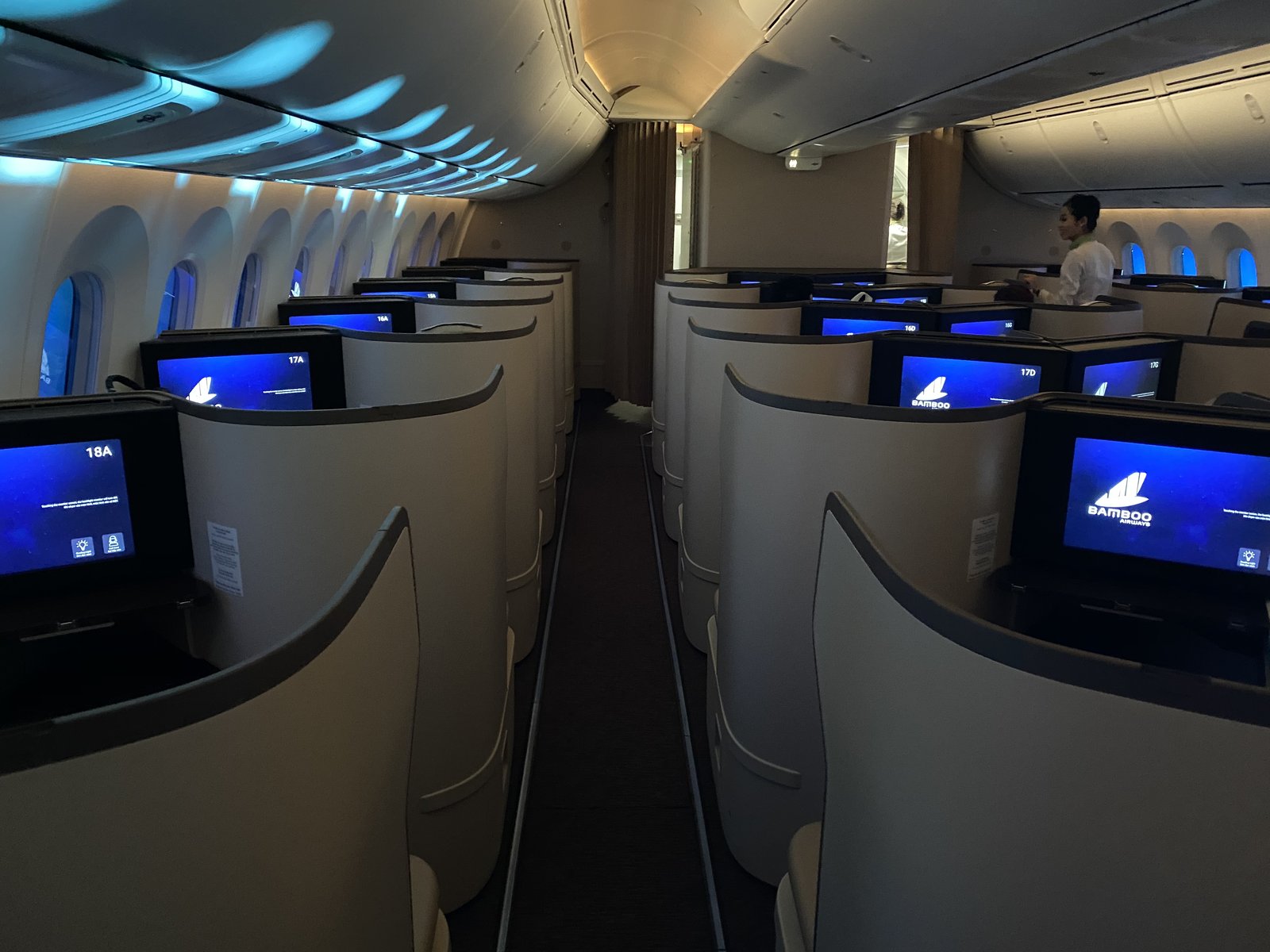 Khoang Business Class Bamboo trên Boeing 787-9 — ghế ngả 180°, menu cao cấp, đặc trưng Premium chặng quốc tế dài, ảnh A320neoceo CC0